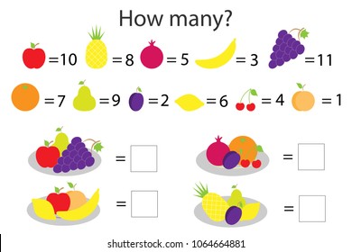 How many counting game with different fruit for kids, educational maths task for the development of logical thinking, preschool worksheet activity, count  and write the result, vector illustration