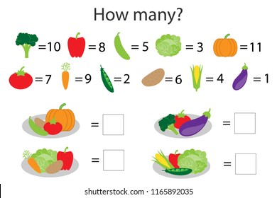 How many counting game with different vegetables for kids, educational math task for the development of logical thinking, preschool worksheet activity, count  and write the result, vector illustration