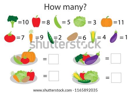 How many counting game with different vegetables for kids, educational math task for the development of logical thinking, preschool worksheet activity, count  and write the result, vector illustration