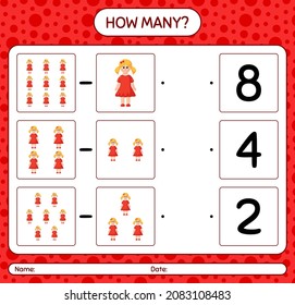 How many counting game with doll. worksheet for preschool kids, kids activity sheet