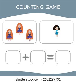 How many counting game with dolls. Worksheet for preschool kids, kids activity sheet, printable worksheet