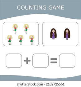 Wie viele zählen Spiel mit Puppen. Arbeitsblatt für Vorschulkinder, Kinderaktivitätsblatt, Druckbogen