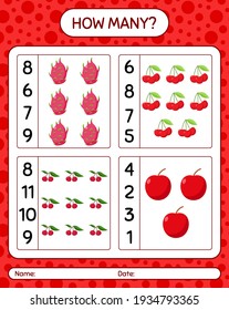 How many counting game dragonfruit, indian prune, raspberry. worksheet for preschool kids, kids activity sheet, printable worksheet