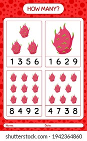 How many counting game with dragonfruit worksheet for preschool kids, kids activity sheet, printable worksheet