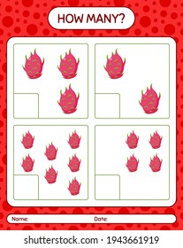 How many counting game with dragonfruit worksheet for preschool kids, kids activity sheet, printable worksheet