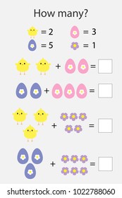 How many counting game with easter pictures for kids, educational maths task for the development of logical thinking, preschool worksheet activity, count  and write the result, vector illustration