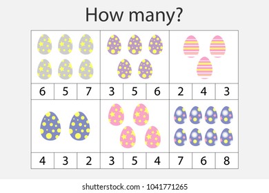 How many counting game with easter eggs for kids, educational maths task for the development of logical thinking, preschool worksheet activity, count and choose the answer, vector illustration