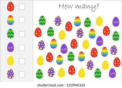 How many counting game with easter eggs for kids, educational maths task for the development of logical thinking, preschool worksheet activity, count and write the result, vector illustration