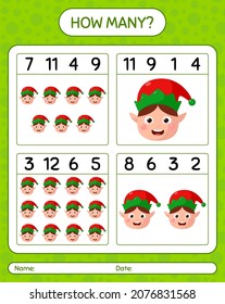 How many counting game with elf. worksheet for preschool kids, kids activity sheet