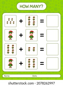 How many counting game with elf. worksheet for preschool kids, kids activity sheet