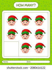 How many counting game with elf. worksheet for preschool kids, kids activity sheet