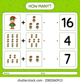 How many counting game with elf. worksheet for preschool kids, kids activity sheet