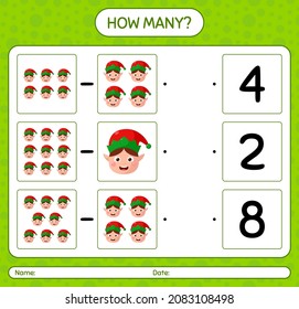 How many counting game with elf. worksheet for preschool kids, kids activity sheet