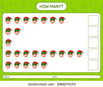 How many counting game with elf. worksheet for preschool kids, kids activity sheet