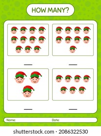 How many counting game with elf. worksheet for preschool kids, kids activity sheet