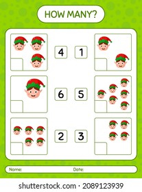 How many counting game with elf. worksheet for preschool kids, kids activity sheet