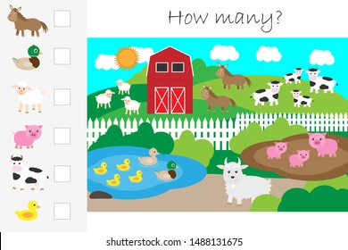 How many counting game, farm with animals for kids, educational maths task for the development of logical thinking, preschool worksheet activity, count and write the result, vector illustration