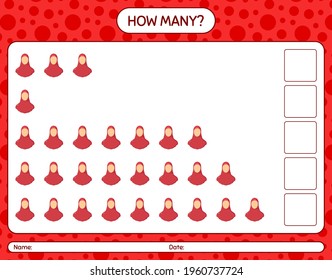 How many counting game with female moslem. worksheet for preschool kids, kids activity sheet, printable worksheet