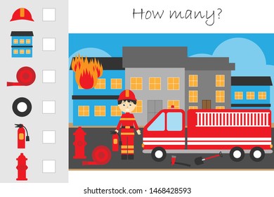 How many counting game, fire and fireman for kids, educational maths task for the development of logical thinking, preschool worksheet activity, count and write the result, vector illustration