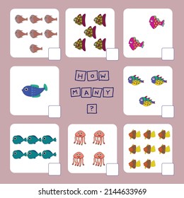 How many counting game with  fishes. Worksheet for preschool kids, kids activity sheet, printable worksheet