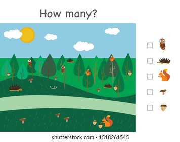 How many counting game with forest animals for kids, educational maths task for the development of logical thinking. Preschool worksheet activity