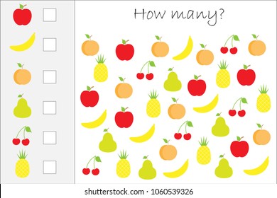 How many counting game with fruit for kids, educational maths task for the development of logical thinking, preschool worksheet activity, count  and write the result, vector illustration