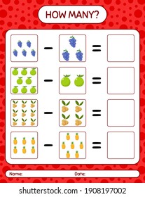 How many counting game with fruit. worksheet for preschool kids, kids activity sheet, printable worksheet