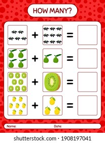 How many counting game with fruit. worksheet for preschool kids, kids activity sheet, printable worksheet