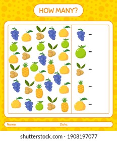 How many counting game with fruit. worksheet for preschool kids, kids activity sheet, printable worksheet