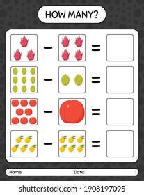 How many counting game with fruit. worksheet for preschool kids, kids activity sheet, printable worksheet