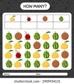 ¿Cuántos de los que cuentan con fruta? hoja de trabajo para niños de preescolar, hoja de actividades para niños, hoja de trabajo imprimible