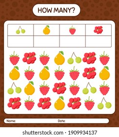 How many counting game with fruit. worksheet for preschool kids, kids activity sheet, printable worksheet