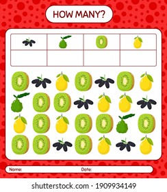 Wie viele zählen Spiel mit Obst. Arbeitsblatt für Vorschulkinder, Kinderaktivitätsblatt, ausdruckbares Arbeitsblatt