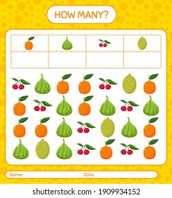 How many counting game with fruit. worksheet for preschool kids, kids activity sheet, printable worksheet