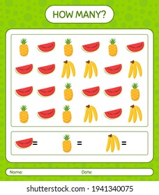 Wie viele zählen Spiel mit Obst. Arbeitsblatt für Vorschulkinder, Kinderaktivitätsblatt, ausdruckbares Arbeitsblatt