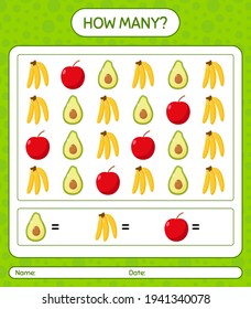 How many counting game with fruit. worksheet for preschool kids, kids activity sheet, printable worksheet