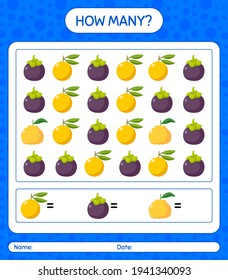 Wie viele zählen Spiel mit Obst. Arbeitsblatt für Vorschulkinder, Kinderaktivitätsblatt, ausdruckbares Arbeitsblatt