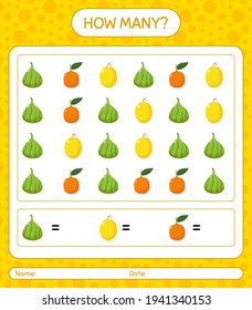 ¿Cuántos de los que cuentan con fruta? hoja de trabajo para niños de preescolar, hoja de actividades para niños, hoja de trabajo imprimible