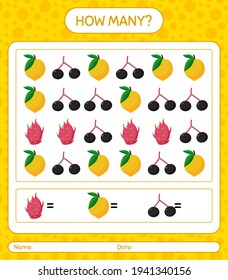 Wie viele zählen Spiel mit Obst. Arbeitsblatt für Vorschulkinder, Kinderaktivitätsblatt, ausdruckbares Arbeitsblatt