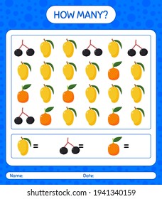 How many counting game with fruit. worksheet for preschool kids, kids activity sheet, printable worksheet