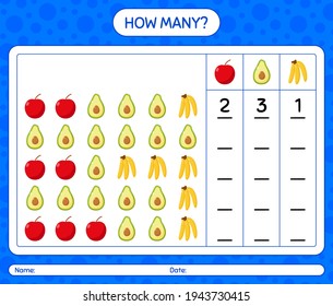 How many counting game with fruit. worksheet for preschool kids, kids activity sheet, printable worksheet
