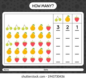 How many counting game with fruit. worksheet for preschool kids, kids activity sheet, printable worksheet
