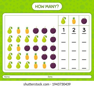¿Cuántos de los que cuentan con fruta? hoja de trabajo para niños de preescolar, hoja de actividades para niños, hoja de trabajo imprimible