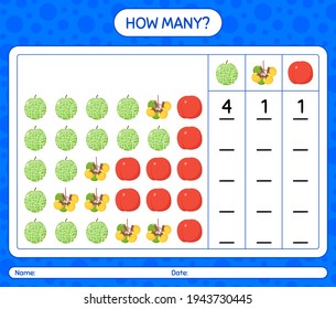 How many counting game with fruit. worksheet for preschool kids, kids activity sheet, printable worksheet