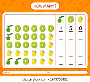 How many counting game with fruit. worksheet for preschool kids, kids activity sheet, printable worksheet