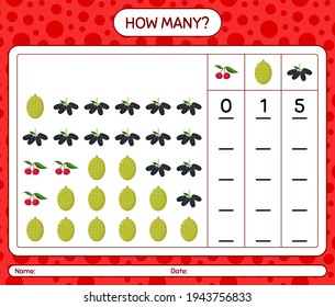 How many counting game with fruit. worksheet for preschool kids, kids activity sheet, printable worksheet