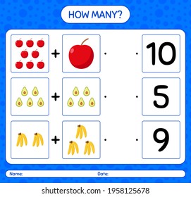 How many counting game with fruit. worksheet for preschool kids, kids activity sheet, printable worksheet