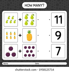 How many counting game with fruit. worksheet for preschool kids, kids activity sheet, printable worksheet