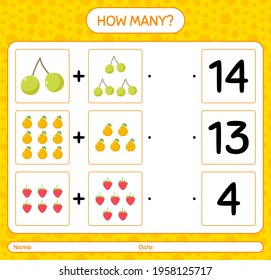 How many counting game with fruit. worksheet for preschool kids, kids activity sheet, printable worksheet