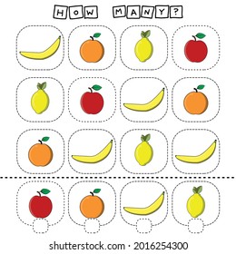 How many counting game with fruites orange, apple, banana, lemon. Worksheet for preschool kids, kids activity sheet, printable worksheet